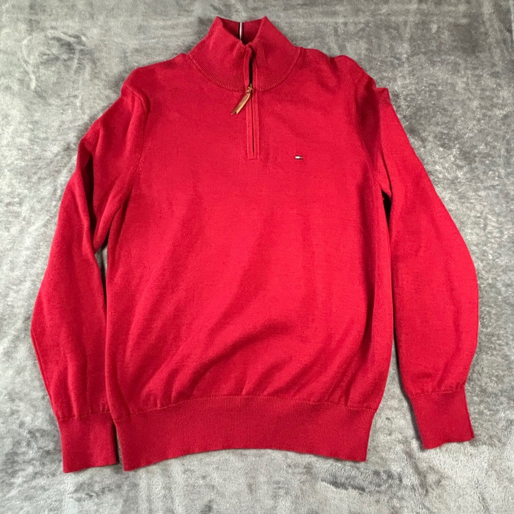 Tommy Hilfiger Mens Red Quarter Zip Sweater Flag Logo Size M 78E2637 946